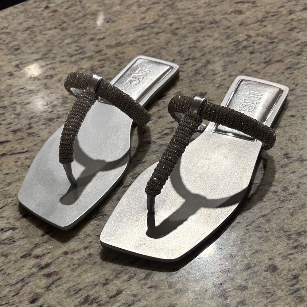 INC International Concepts Silver Beaded Toe-Loop Sandals